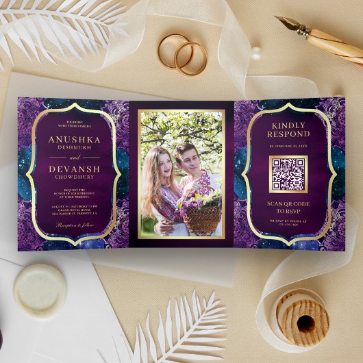 Blue Galaxy Paars Mandala QR Code Indian Wedding Drieluik Uitnodiging