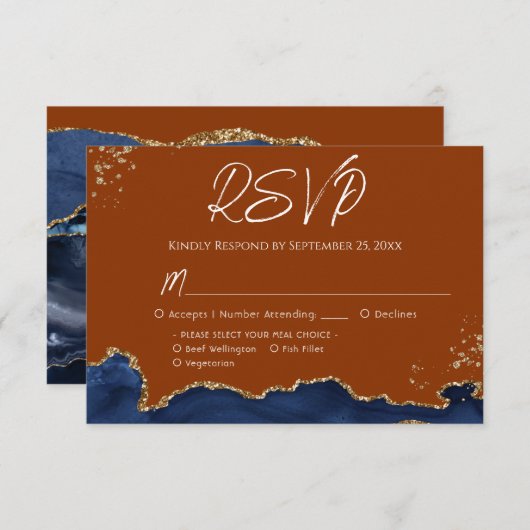 Blue Gand Orange Agate Wedding RSVP (Devant / Derrière)
