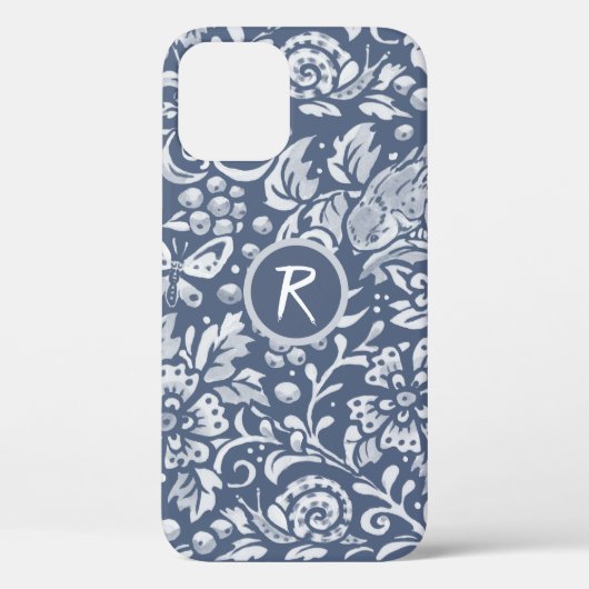 Blue Garden Floral Bird Snail Monogram Denim  Case-Mate iPhone Case (Achterkant)