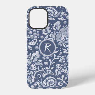 Blue Garden Floral Bird Snail Monogram Denim iPhone 12 Hoesje