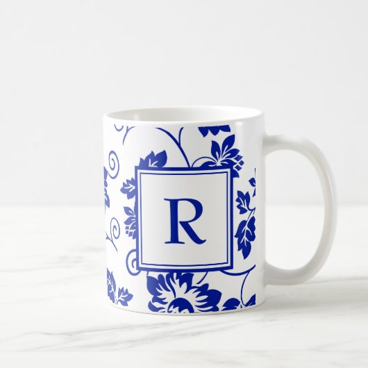 Blue Garden Pattern Monogram Koffie Mok (Rechts)