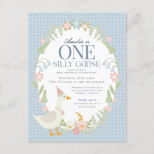Blue Gekke Goose Floral Gingham eerste verjaardag Briefkaart