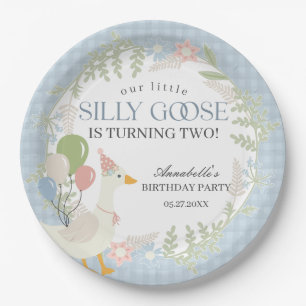 Blue Gekke Goose Floral Gingham Verjaardag Papieren Bordje