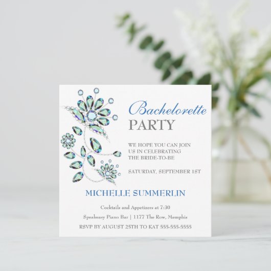 Blue Gems Floral Bachelorette Party Invitation (Debout devant)