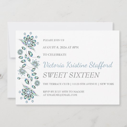 Blue Gems Floral Party Invitation (Devant)