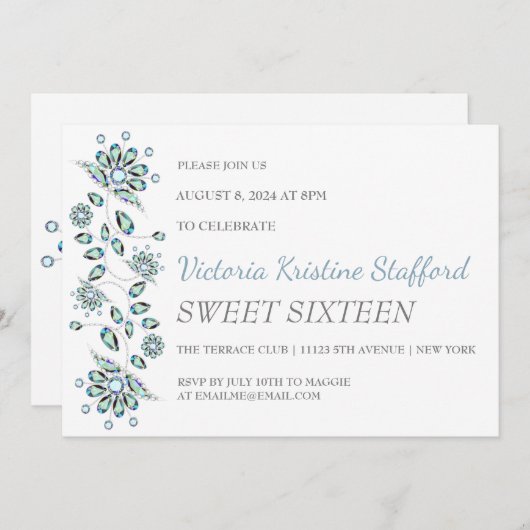 Blue Gems Floral Party Invitation (Devant / Derrière)