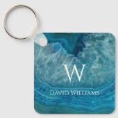 Blue Geode Agate Monogram Modern Name & Initiaal Sleutelhanger (Voorkant)