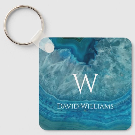 Blue Geode Agate Monogram Modern Name & Initiaal Sleutelhanger (Voorkant)