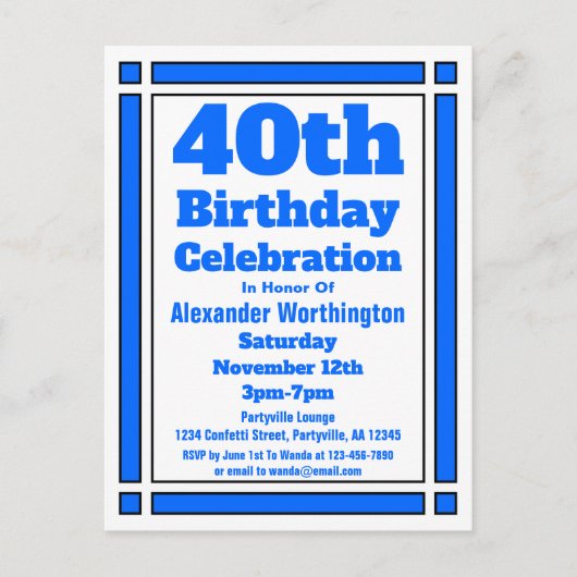 Blue Geometric 40th Birthday Invitation Briefkaart (Voorkant)