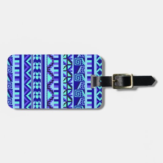 Blue Geometric Abstract Aztec Tribal Print Pattern Bagagelabel (Voorkant horizontaal)