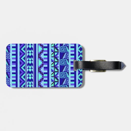 Blue Geometric Abstract Aztec Tribal Print Pattern Bagagelabel (Achterkant horizontaal)