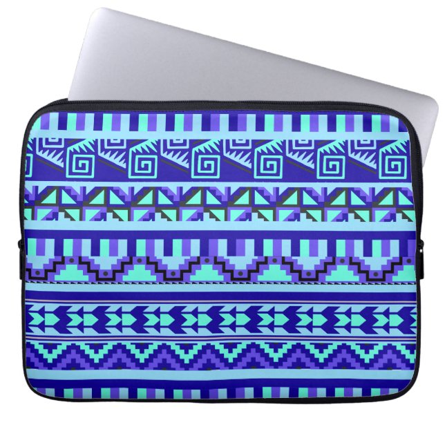 Blue Geometric Abstract Aztec Tribal Print Pattern Laptop Sleeve (Voorkant)