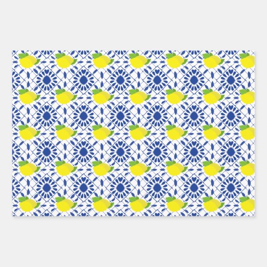 Blue Geometric Lemon Tile Inpakpapier Vel (Voorkant)