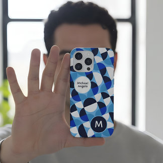 Blue Geometric Mosaic Bauhaus Monogram Custom Name iPhone 15 Pro Max Hoesje