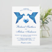 Blue Geometric Origami Birds Wedding Invitation Kaart (Staand voorkant)