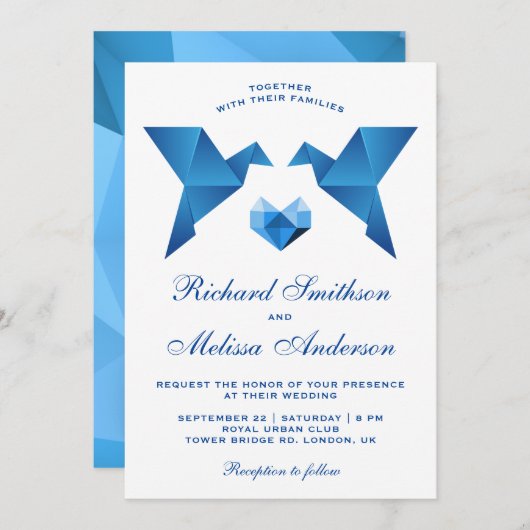 Blue Geometric Origami Birds Wedding Invitation Kaart (Voorkant / Achterkant)