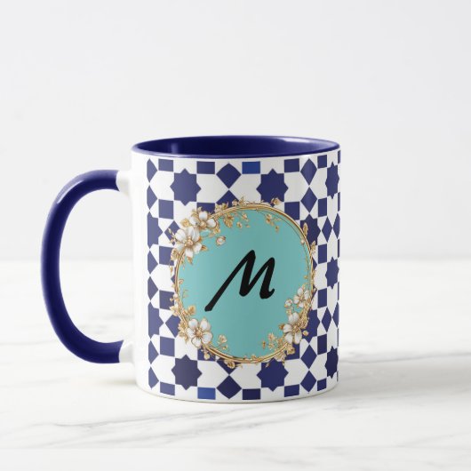 Blue Geometric Pattern Mug with Gold Floral Circle (Gauche)