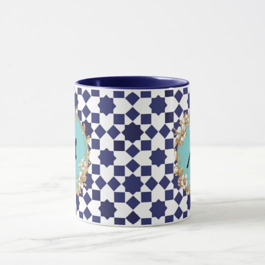 Blue Geometric Pattern Mug with Gold Floral Circle (Centre)