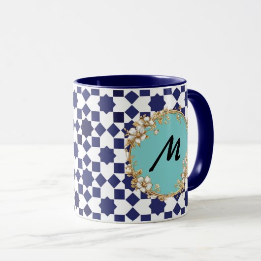 Blue Geometric Pattern Mug with Gold Floral Circle (Devant droit)