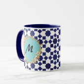 Blue Geometric Pattern Mug with Gold Floral Circle (Devant gauche)