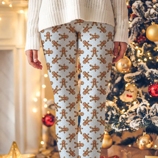 Blue Gingerbread Man Polka Dot Christmas Leggings