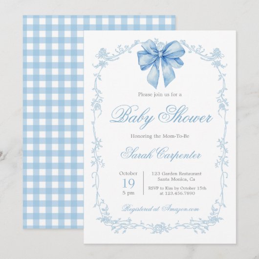 Blue Gingham and Bow Baby Shower Boy Kaart (Voorkant / Achterkant)