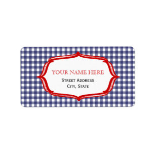 Blue Gingham and Red Address Label