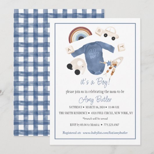 Blue Gingham and Toys Baby Boy Shower Invitation (Devant / Derrière)