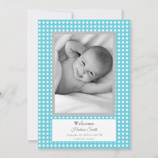 Blue Gingham Baby Boy Aankondiging Kaart (Voorkant)