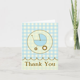 Blue Gingham Baby Carriage Dank je wel kaart