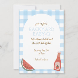 Blue Gingham Baby-Q Baby Shower Invitation Kaart