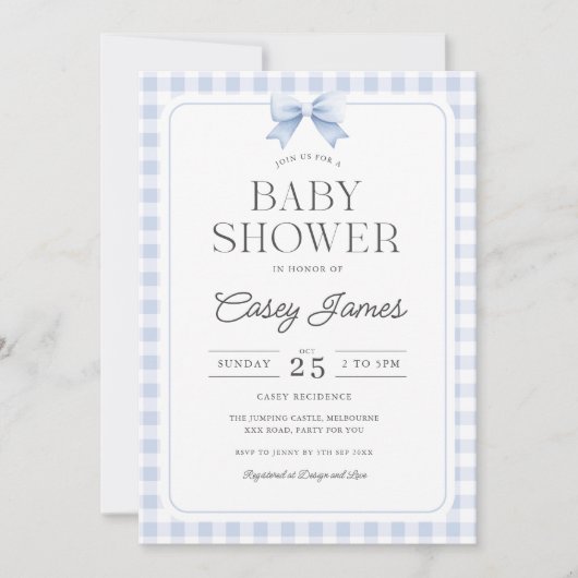 Blue Gingham Baby Shower Invitation (Devant)