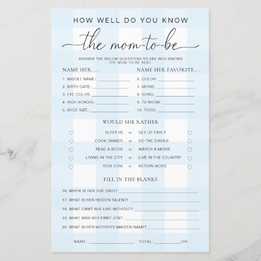 Blue Gingham Baby shower kent het mam-to-be-spel (Voorkant)