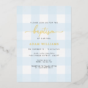 Blue Gingham Baptism Gold Foil Invitation Folie Uitnodiging