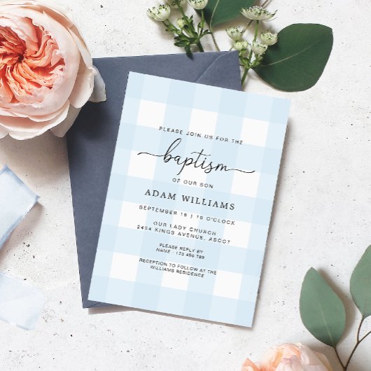 Blue Gingham Baptism Invitation Kaart
