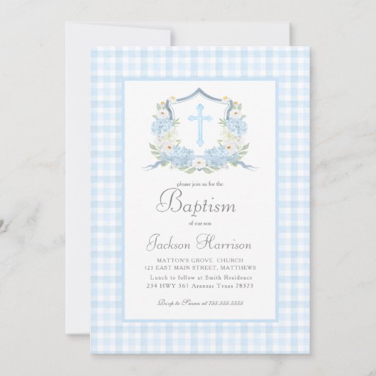 Blue Gingham Baptism Uitnodiging, Jongensdoop Kaart (Voorkant)