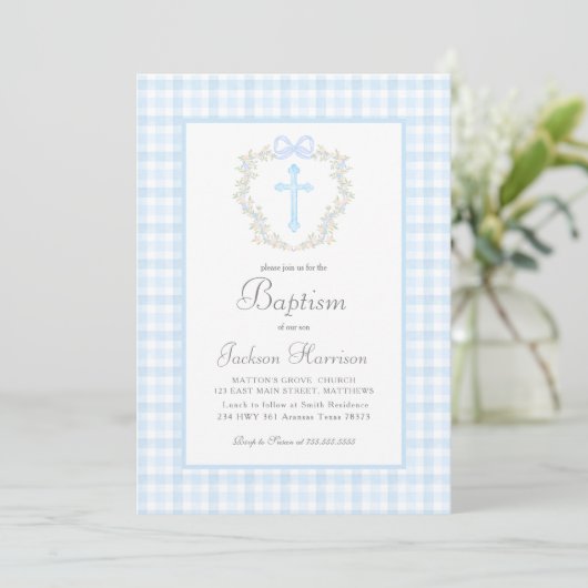 Blue Gingham Baptism Uitnodiging, Jongensdoop Kaart (Staand voorkant)