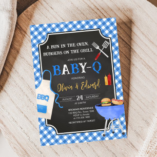 Blue Gingham BBQ Baby shower Kaart