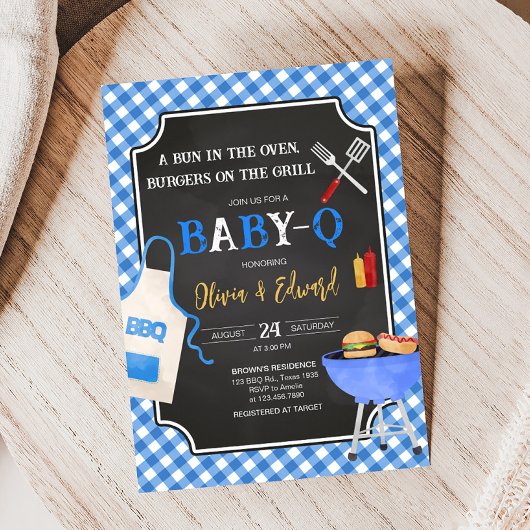 Blue Gingham BBQ Baby shower Kaart