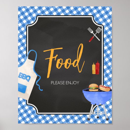 Blue Gingham BBQ Baby shower Voedselbord Poster (Voorkant)