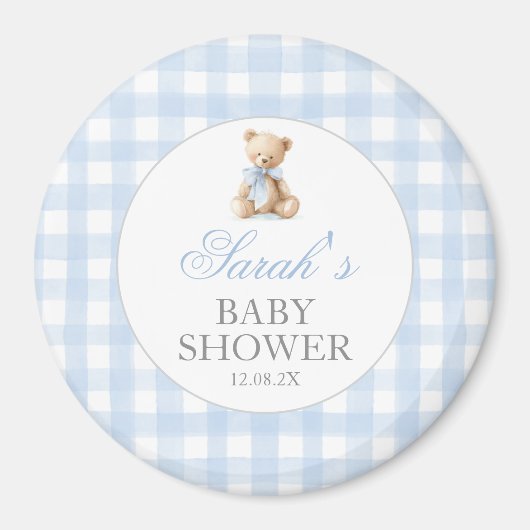 Blue Gingham Bear Baby Shower Magneet (Voorkant)