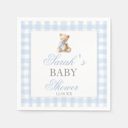 Blue Gingham Bear Baby Shower Servet (Voorkant)
