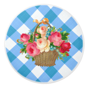 Blue Gingham Bloemenmand Land Keramische Knop