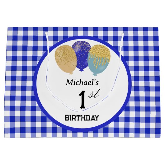 Blue Gingham & Blue Glitter Party Ballonnen Groot Cadeauzakje (Voorkant)