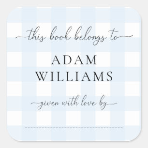 Blue Gingham Bookplate Sticker