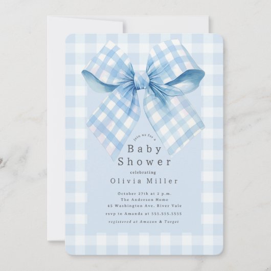 Blue Gingham Bow Baby shower Kaart (Voorkant)