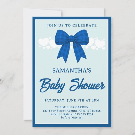 Blue Gingham Bow Boy Baby Shower Invitation (Devant)