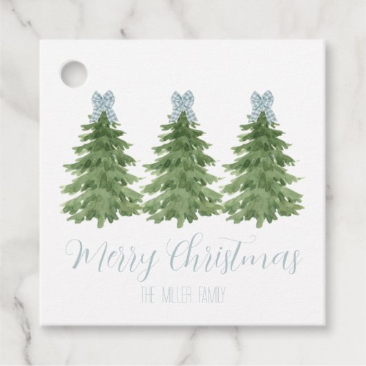 Blue Gingham Bow Christmas Tree Gift Labels (Voorkant)