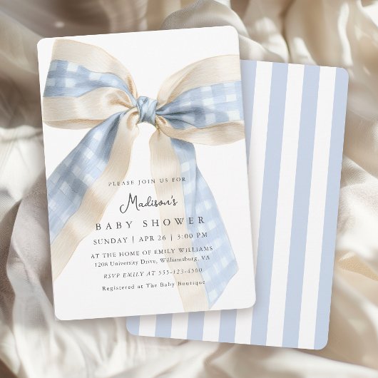 Blue Gingham Bow Cute Baby Shower Kaart