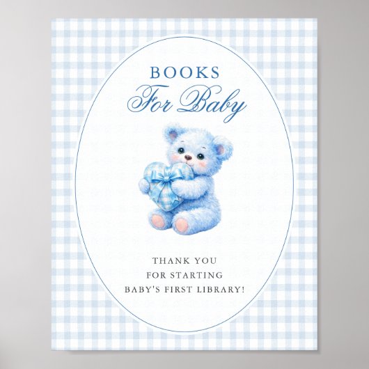 Blue Gingham Bow Heart Teddy Bear Baby Shower Poster (Voorkant)